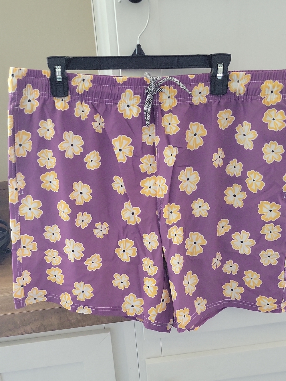 Men's Purple Floral Swim Trunks with Yellow Accents